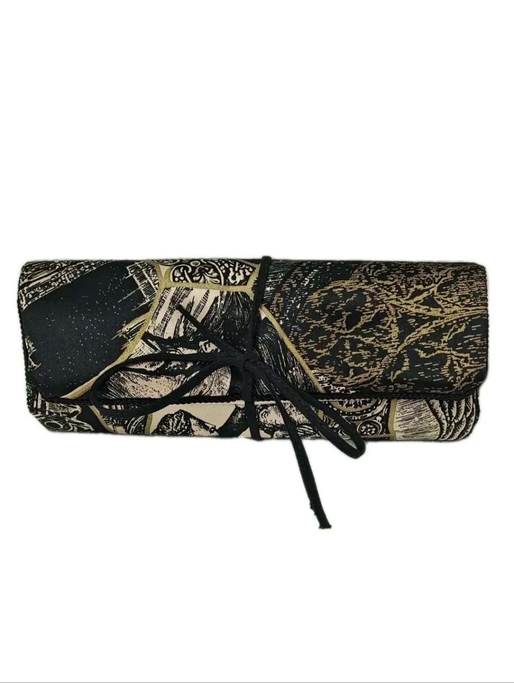 Vintage Jewelry Roll Organizer Travel Bag Packable Vacation Black Gold Brocade